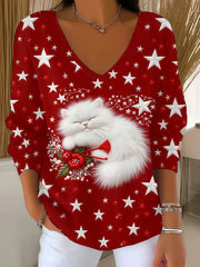 Women's Christmas Cute Sleeping Cat Stars Art  V-Neck Ribbed Top