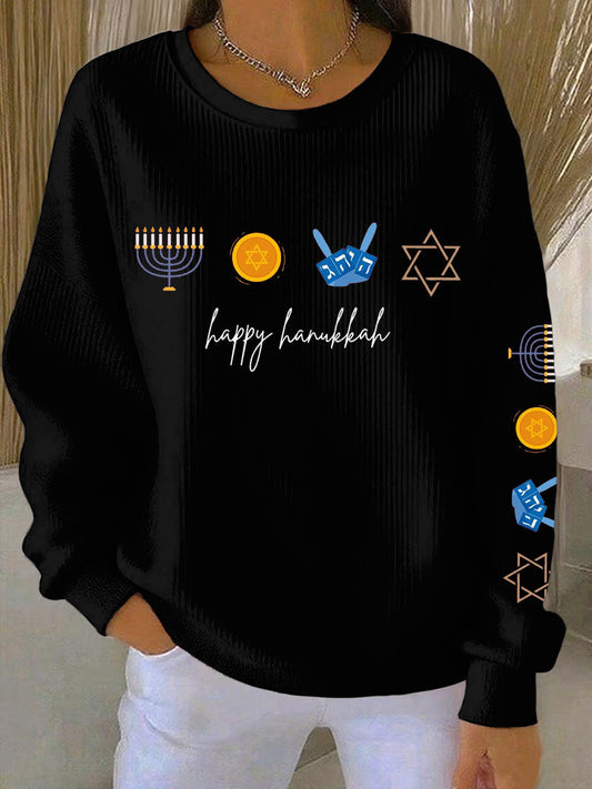 Women's Happy Hanukkah Ribbed Round-Neck Sweatshirt