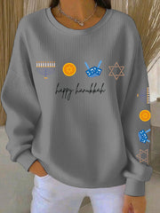 Women's Happy Hanukkah Ribbed Round-Neck Sweatshirt