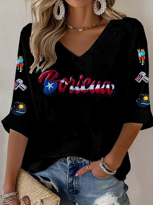 Women's  Puerto Rico Print Casual Waffle T-shirt
