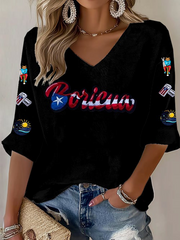 Women's  Puerto Rico Print Casual Waffle T-shirt