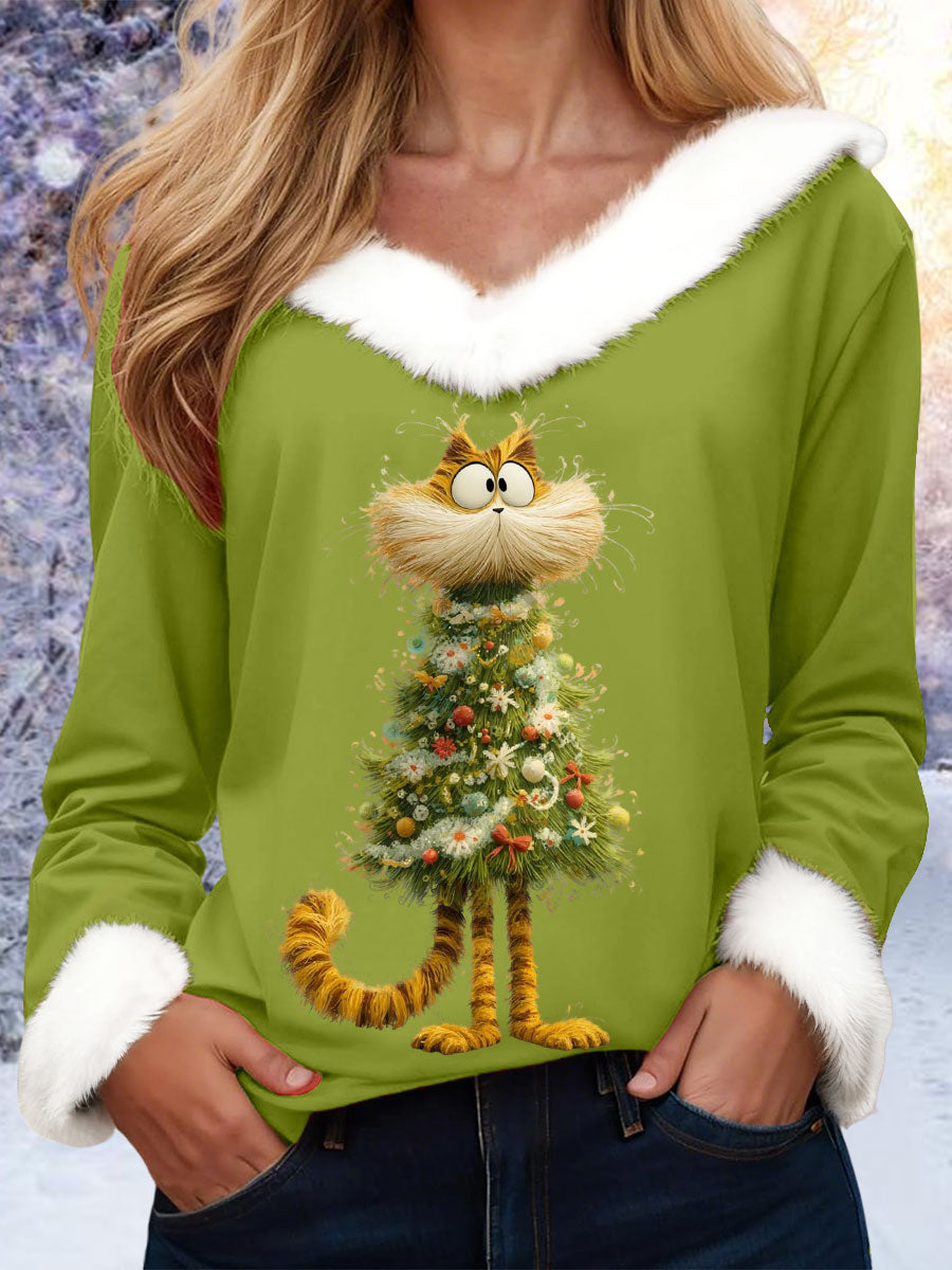 Women's Christmas Tree Animal V-Neck Tops
