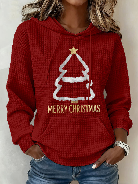 Women's Christmas Tree Waffle Print Casual Hoodie