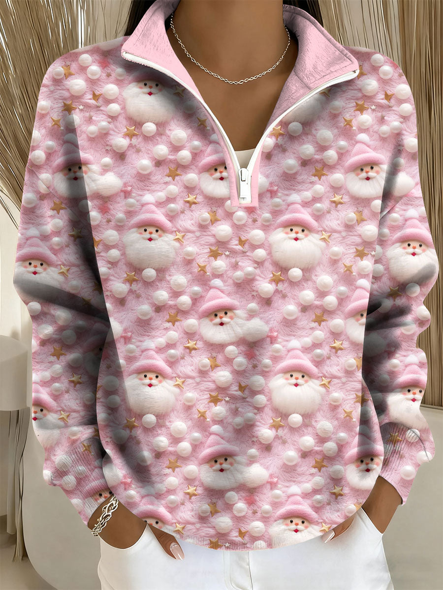 Women's Santa Print Casual Zip-Up Top
