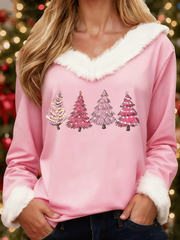 Women's Christmas Tree Print Casual Fur Collar Top