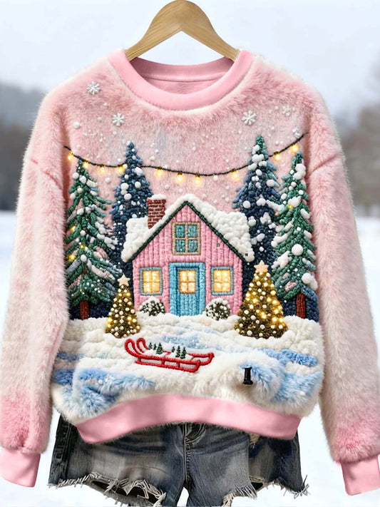 Women's Christmas Inspired House Building Embroidered Furry Sweatshirt