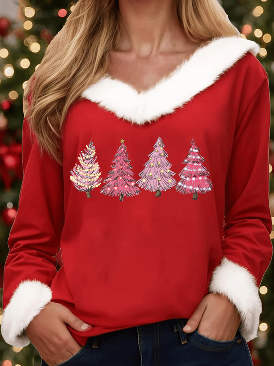 Women's Christmas Tree Print Casual Fur Collar Top