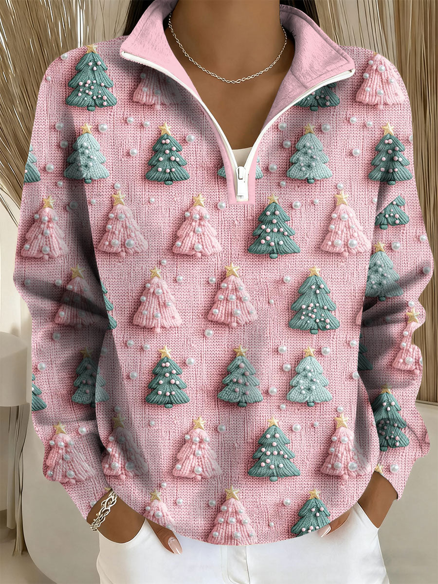Women's Christmas Tree Print Casual Zip-Up Top
