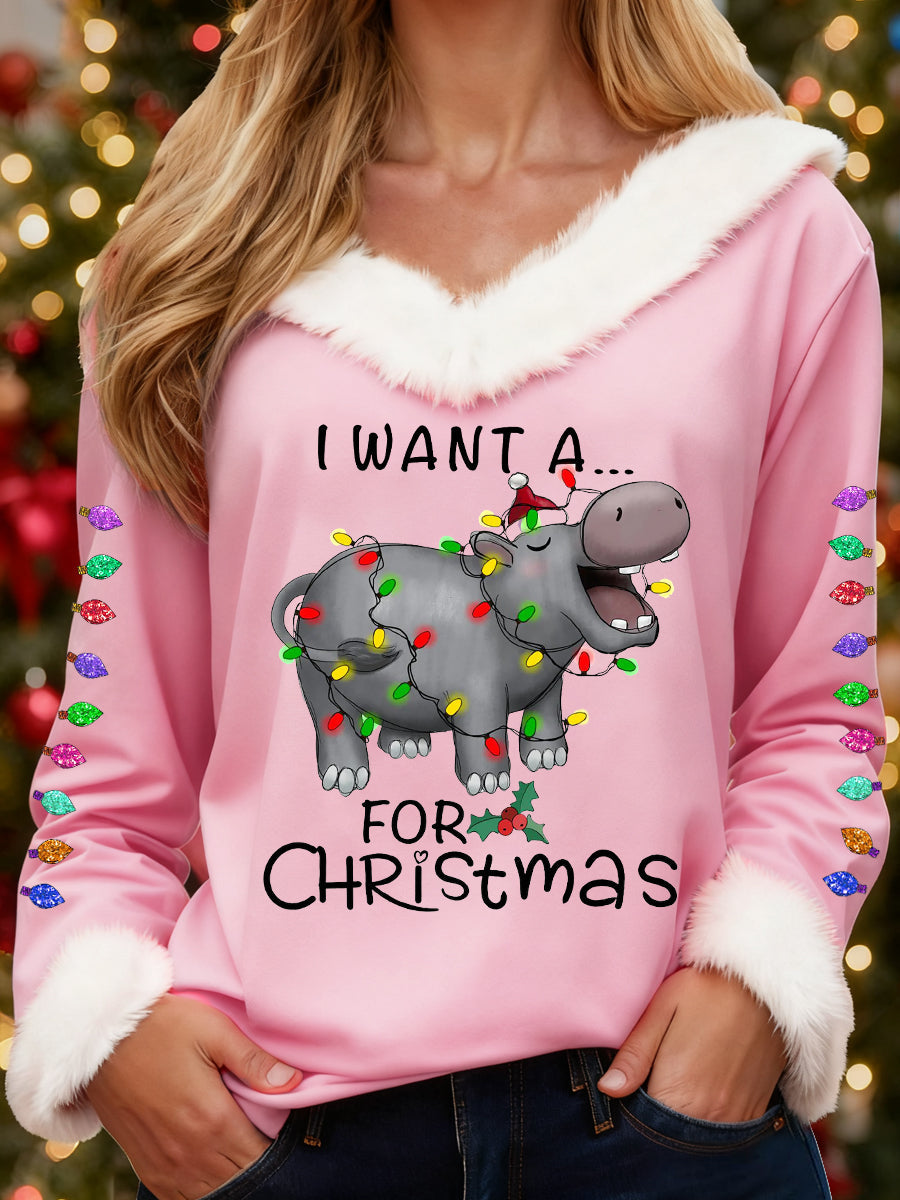 Women's I Want A Hippopotamus For Christmas Fur Collar Top