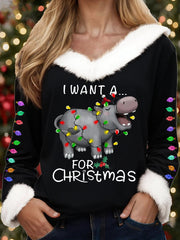 Women's I Want A Hippopotamus For Christmas Fur Collar Top
