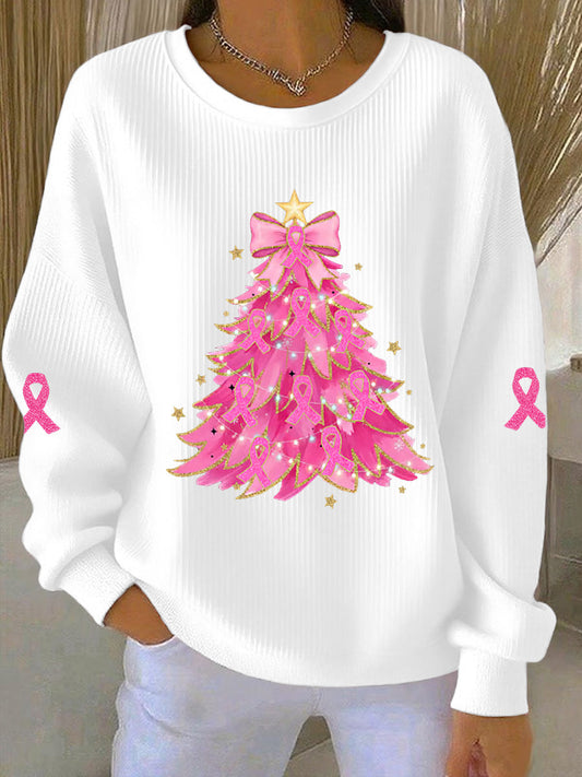 Women's Christmas Tree Pink Round-Neck Sweatshirt