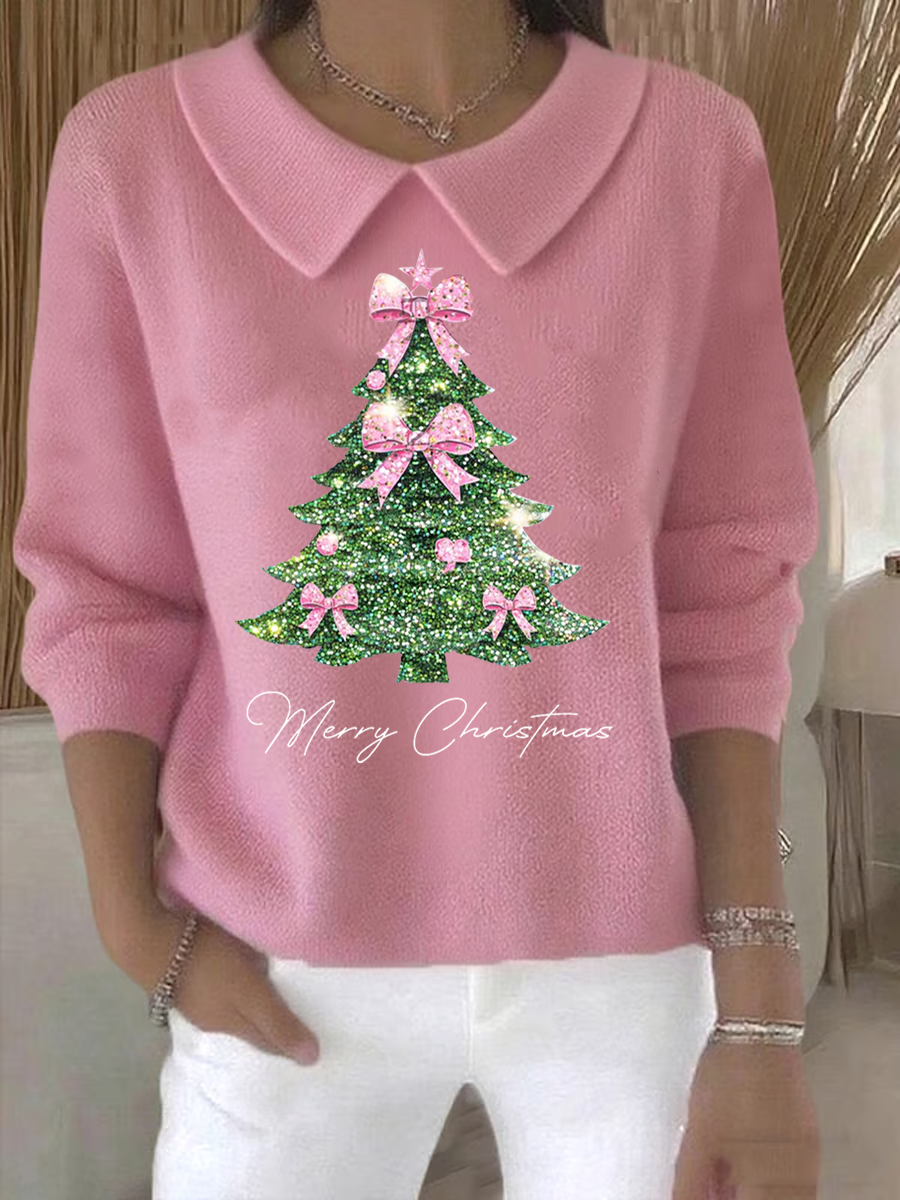 Women's Retro Christmas Tree Print Casual Lapel Knit Top