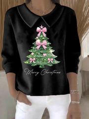 Women's Retro Christmas Tree Print Casual Lapel Knit Top