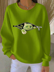 Women's EW People Green Cat Ribbed Round-Neck Sweatshirt