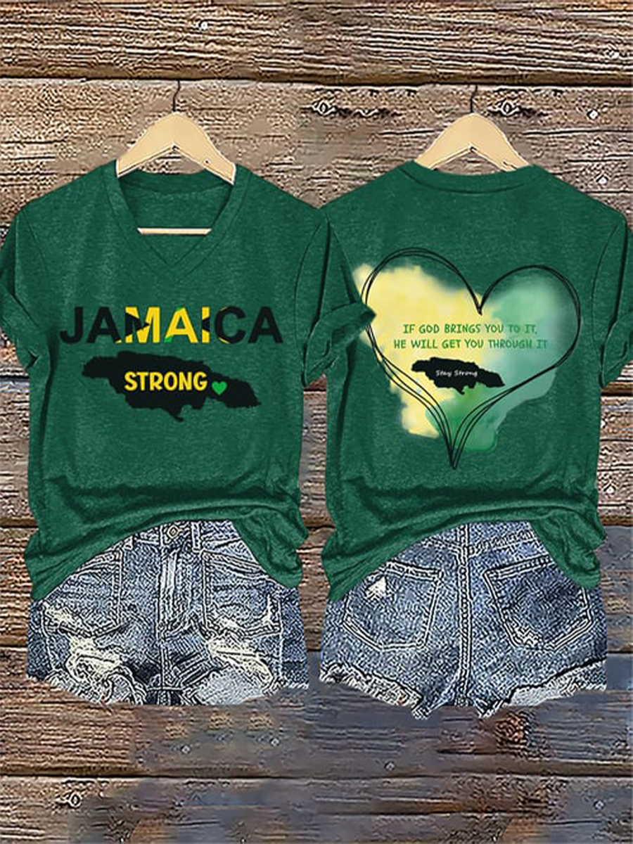 Women's V-Neck Retro Jamaica Strong If God Brings You To It, He Will Get You Through It Stay Strong Print T-Shirt