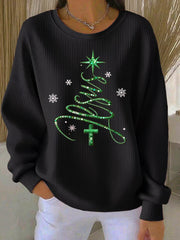 Women's Jesus Chriatmas Tree Ribbed Round-Neck Sweatshirt