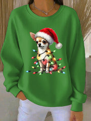 Women's Chihuahua Christmas Ribbed Round-Neck Sweatshirt