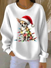 Women's Chihuahua Christmas Ribbed Round-Neck Sweatshirt