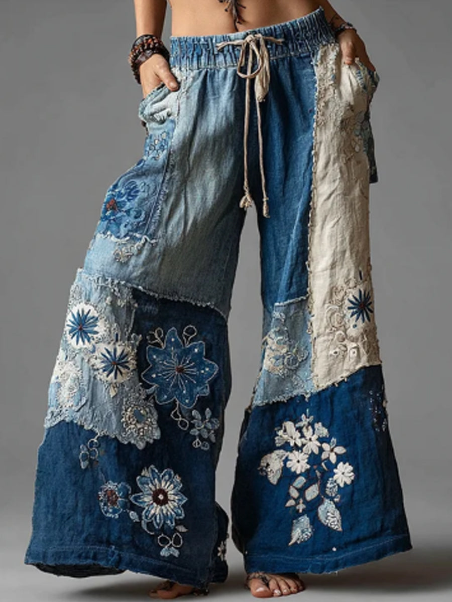 Women's Bohemian Floral Lace Fiber Art Denim Patchwork Flowy Wide-Leg Pants