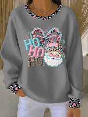 Women's Santa Claus pink and blue leopard print Ribbed Round-Neck Sweatshirt