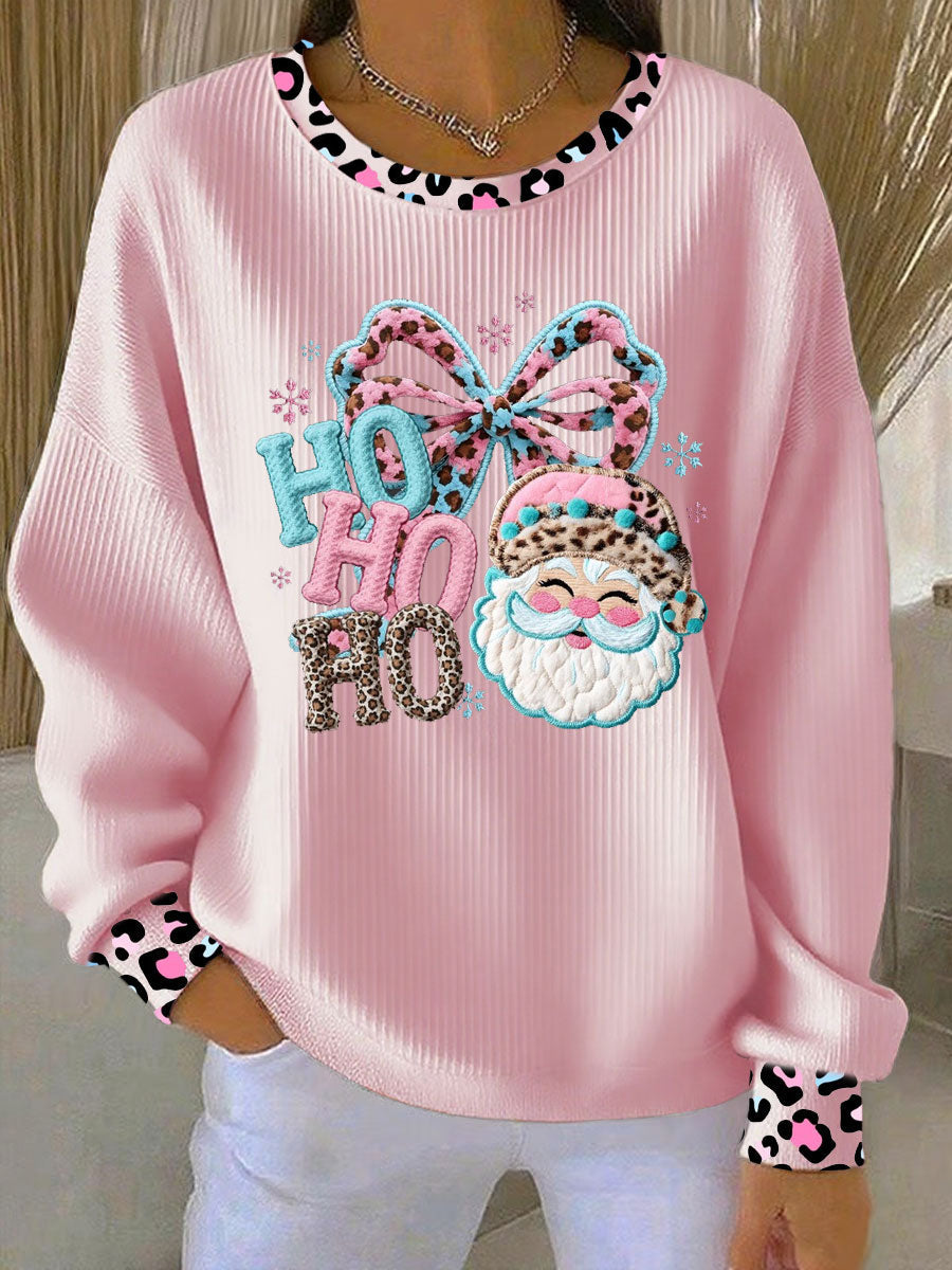 Women's Santa Claus pink and blue leopard print Ribbed Round-Neck Sweatshirt