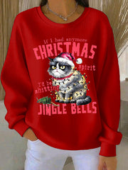 Women's Christmas cat print Ribbed Round-Neck Sweatshirt