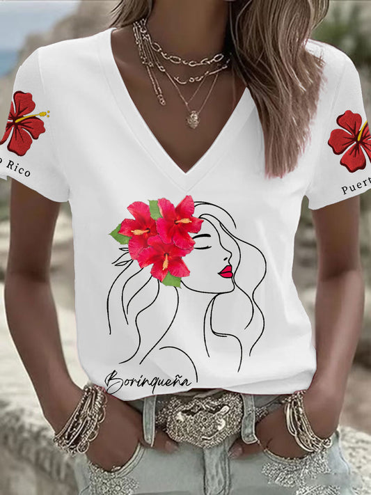 Women's Puerto Rico Flag Flower Art Printed T-shirt
