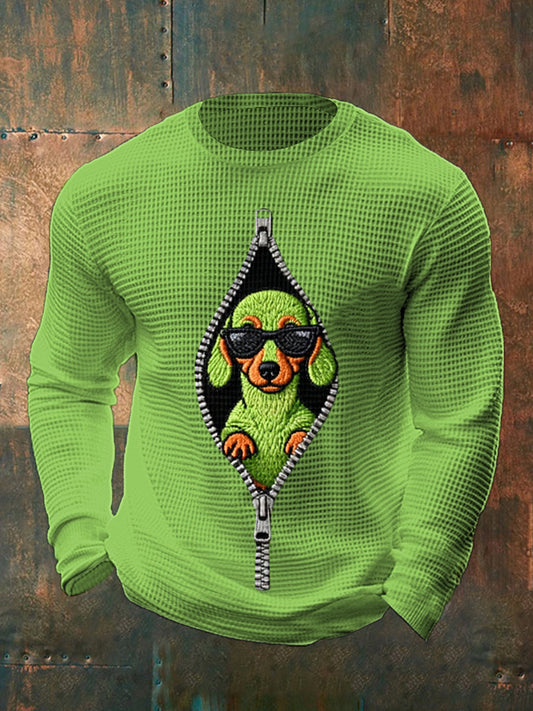 Men's Funny Christmas Grinch Dachshund Print Casual Waffle Long Sleeve Top