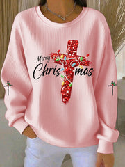 Women's Merry Christmas Cross Ribbed Round-Neck Sweatshirt