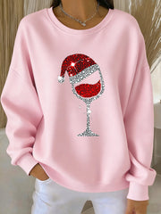 Women's Christmas Red Wine Glass Print Casual Sweatshirt