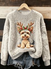Women's Cute Christmas Dog Art Print Casual Flannel Sweater