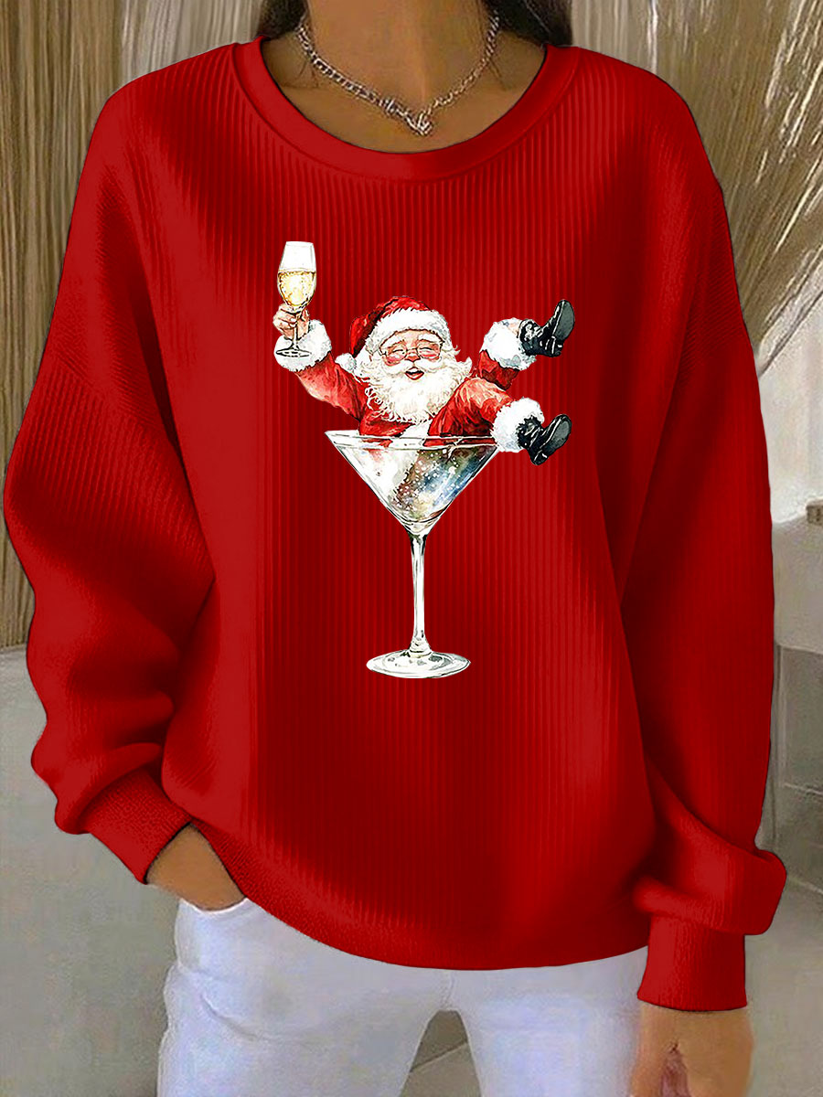 Women's Santa Claus and red wine glass print Ribbed Round-Neck Sweatshirt