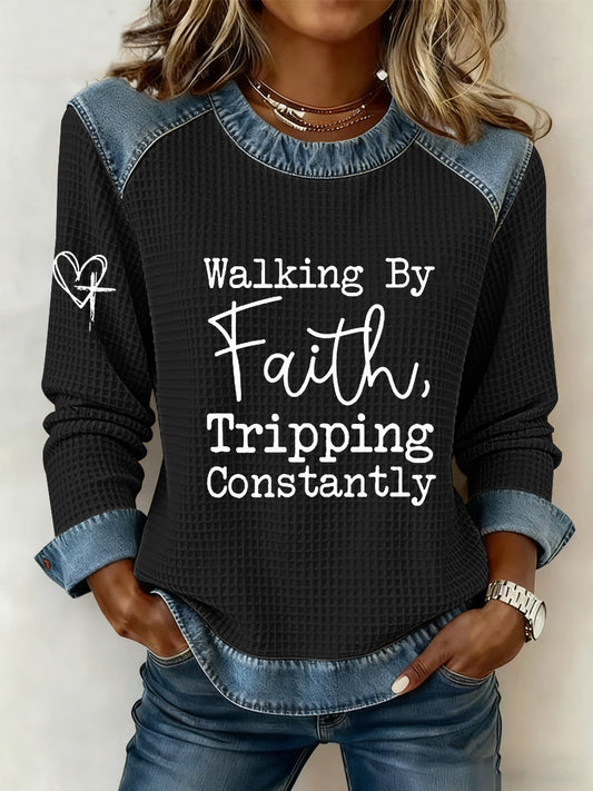 Women's Walking by Faith Tripping Constantly Cross Sweatshirt