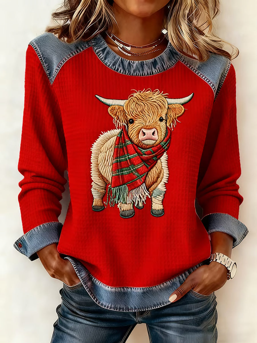 Women's Casual Retro Western Cute Christmas Highland Cow Denim Patchwork Top