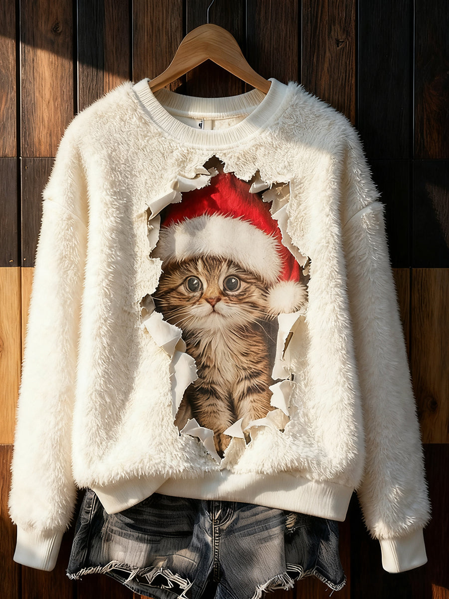 Women's Cute Christmas Cat Art Print Casual Flannel Hoodie