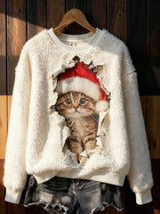 Women's Cute Christmas Cat Art Print Casual Flannel Hoodie