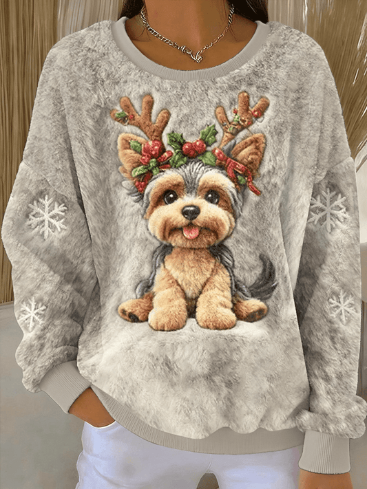 Women's Cute Christmas Dog Art Print Casual Flannel Sweater