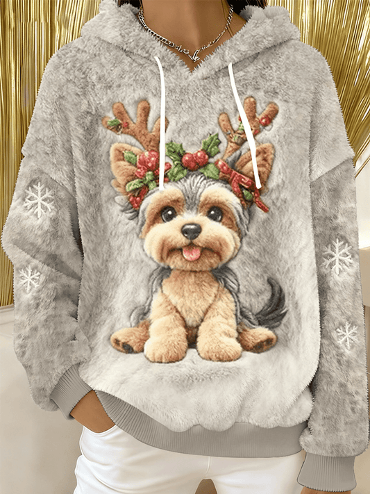 Women's Cute Christmas Dog Art Print Casual Flannel Hoodie