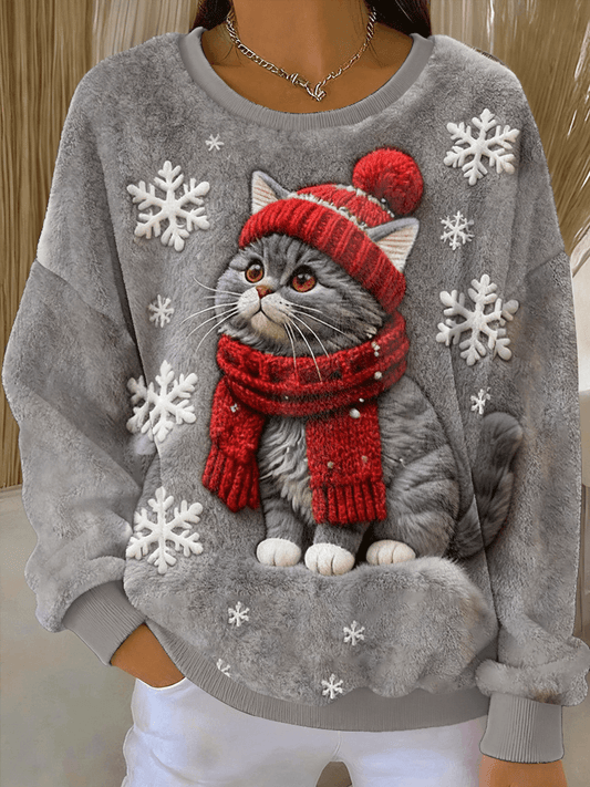 Women's Cute Christmas Cat Art Print Casual Flannel Hoodie