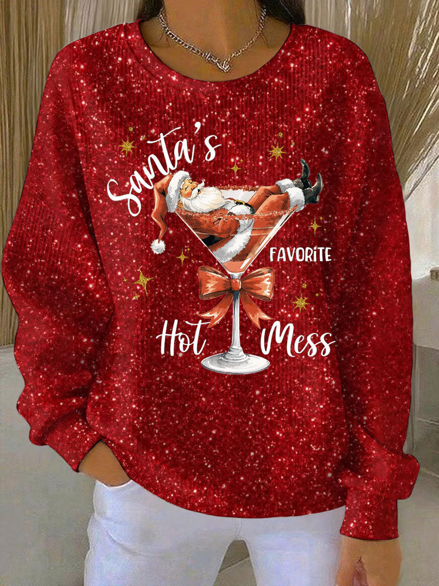 Women's Santa's Favorite Hot Mess  Print Ribbed Round-Neck Sweatshirt