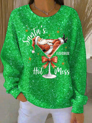 Women's Santa's Favorite Hot Mess  Print Ribbed Round-Neck Sweatshirt