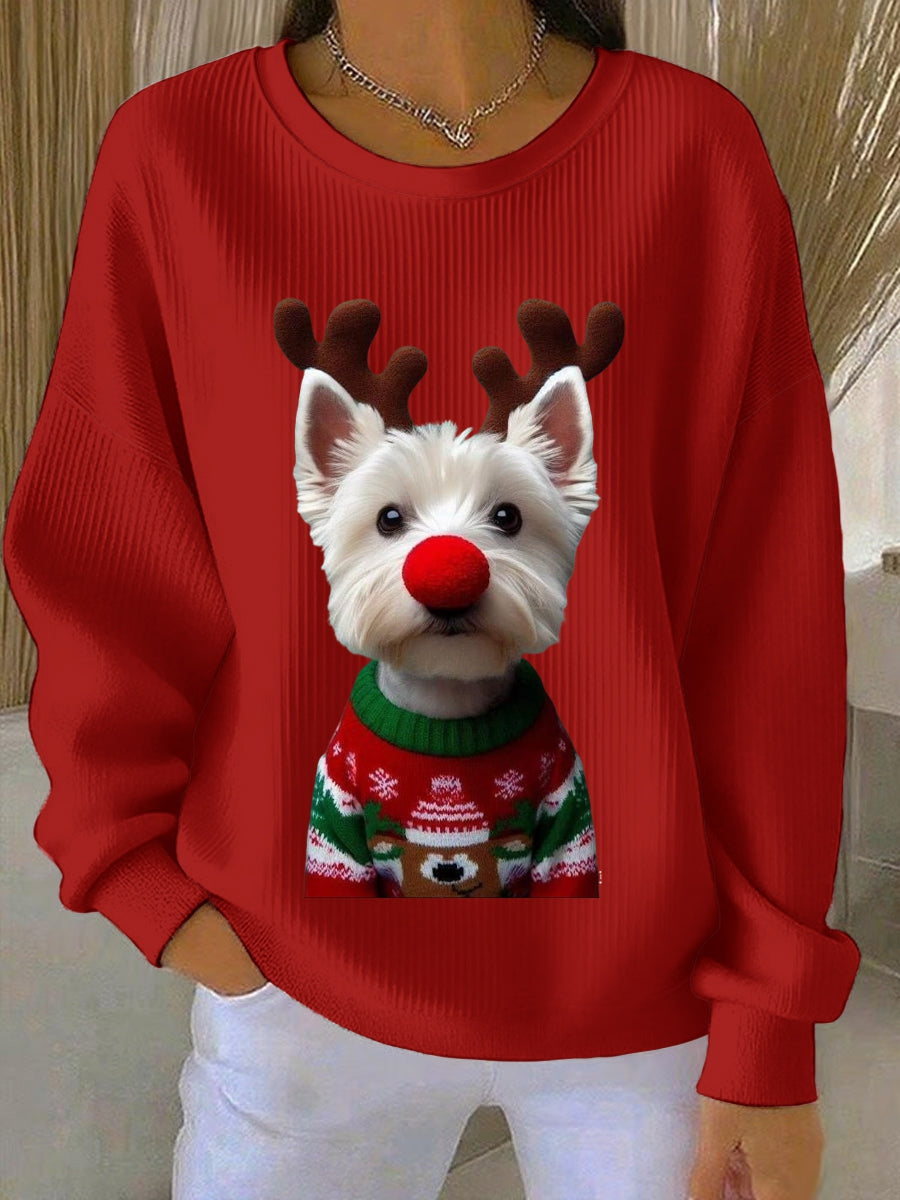 Women's  West Highland White Terrier Westie Christmas Ribbed Round-Neck Sweatshirt