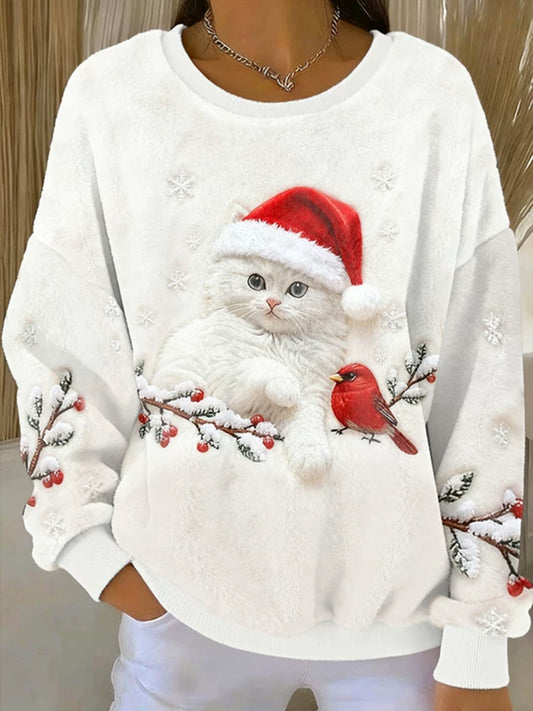 Women's Cute Christmas Cat Art Print Casual Flannel Hoodie