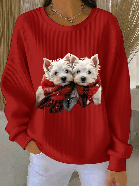 Women's  West Highland White Terrier Westie Christmas Ribbed Round-Neck Sweatshirt