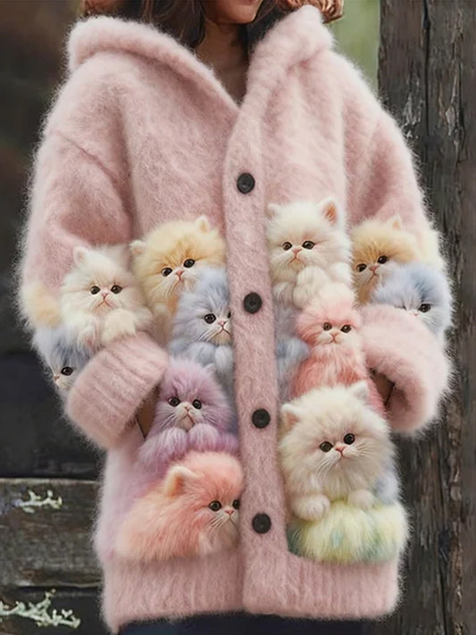 Women's Lovely Fuzzy Colorful Cats Cozy Hooded Cardigan