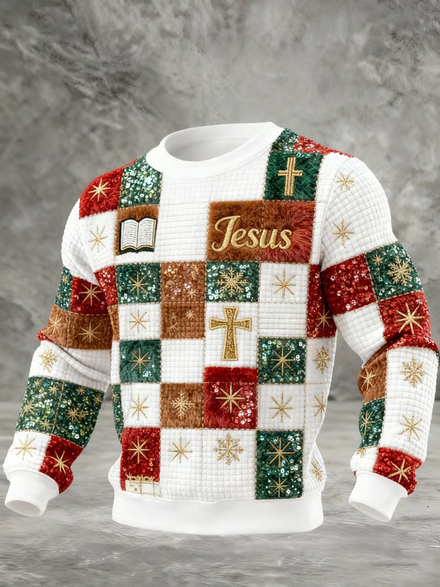 Men's Christmas Splicing Faith Print Sweatshirt
