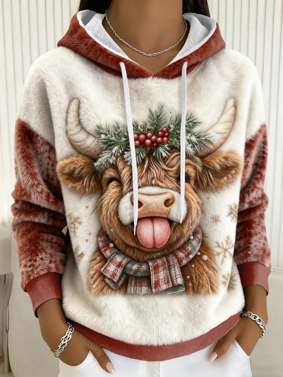 Women's Christmas Highland Cow Flannel Hoodie