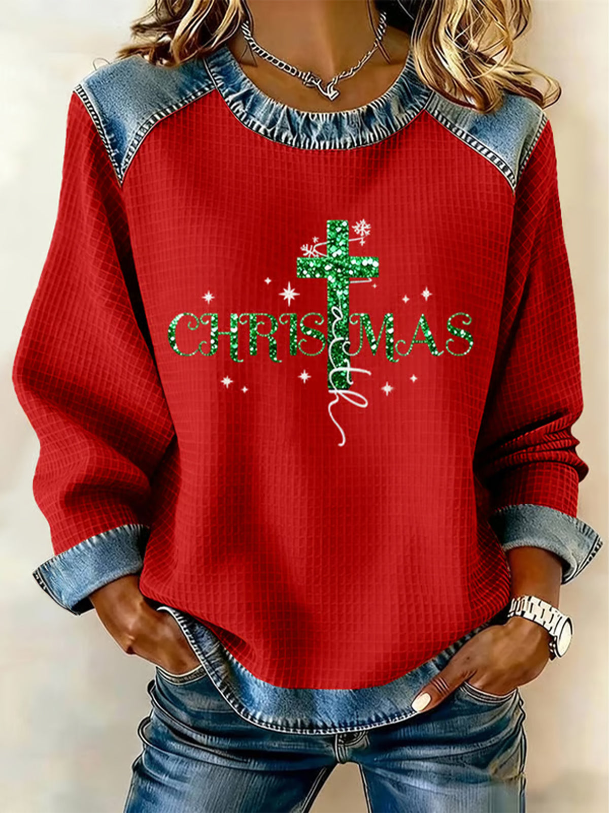 Women's Christmas Belief Print Waffle Sweatshirt