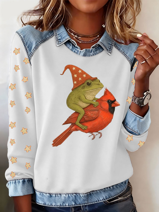 Women's Frog Cardinal Christmas Art Print Sweatshirt