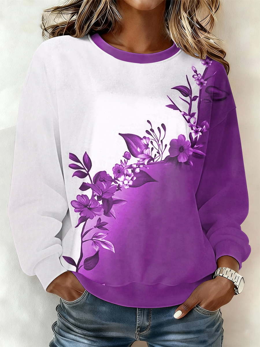 Women's Purple Floral Print Regular Sweatshirt